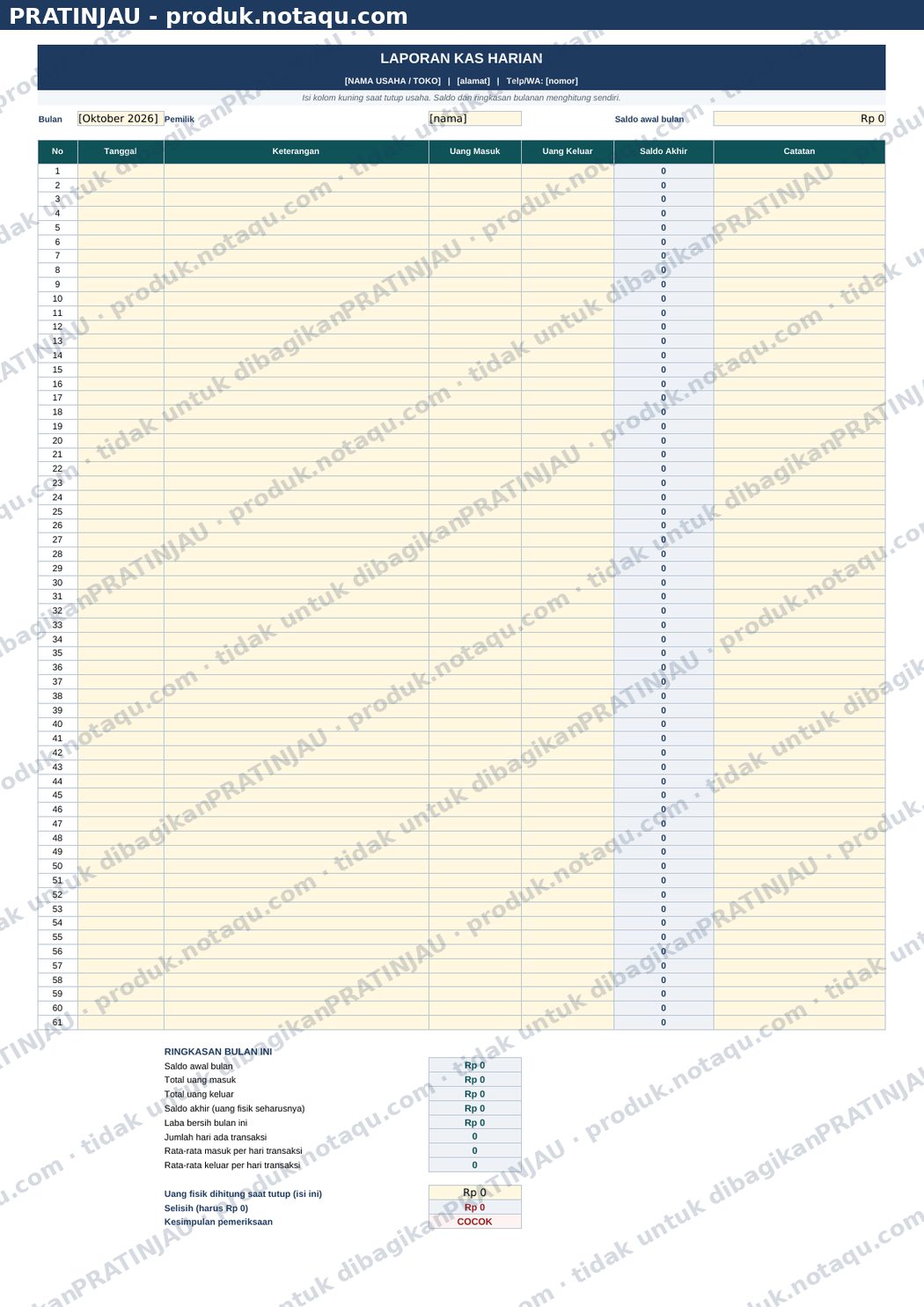 Contoh asli laporan kas Excel berumus