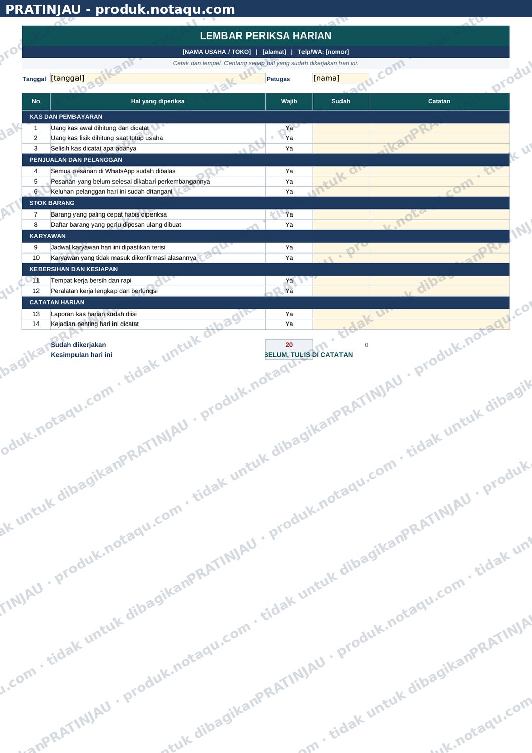 Berkas Excel Lembar Periksa Harian