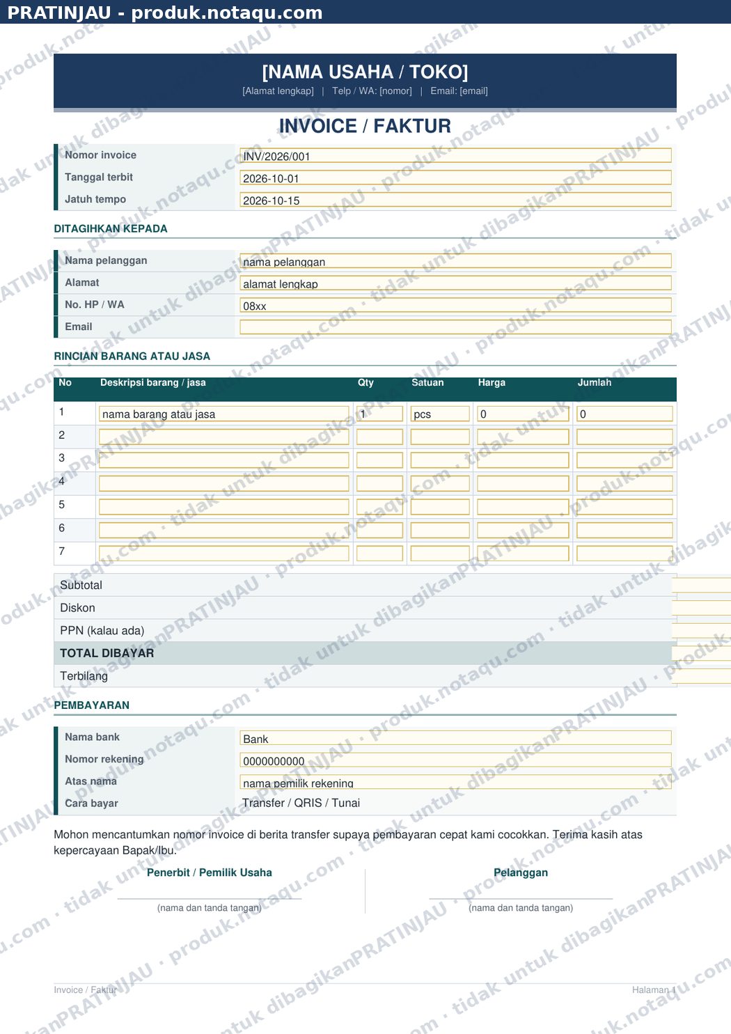 PDF isian Invoice Faktur