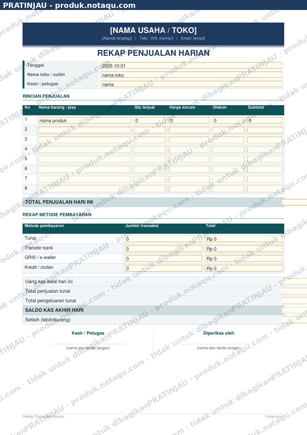 PDF isian Rekap Penjualan Harian