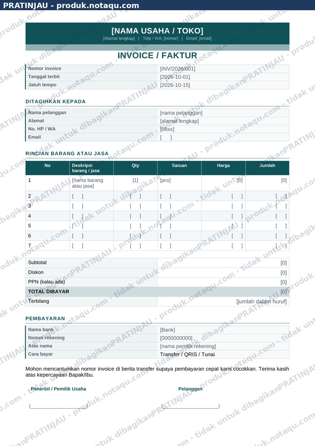 Contoh asli invoice Word yang bisa diedit
